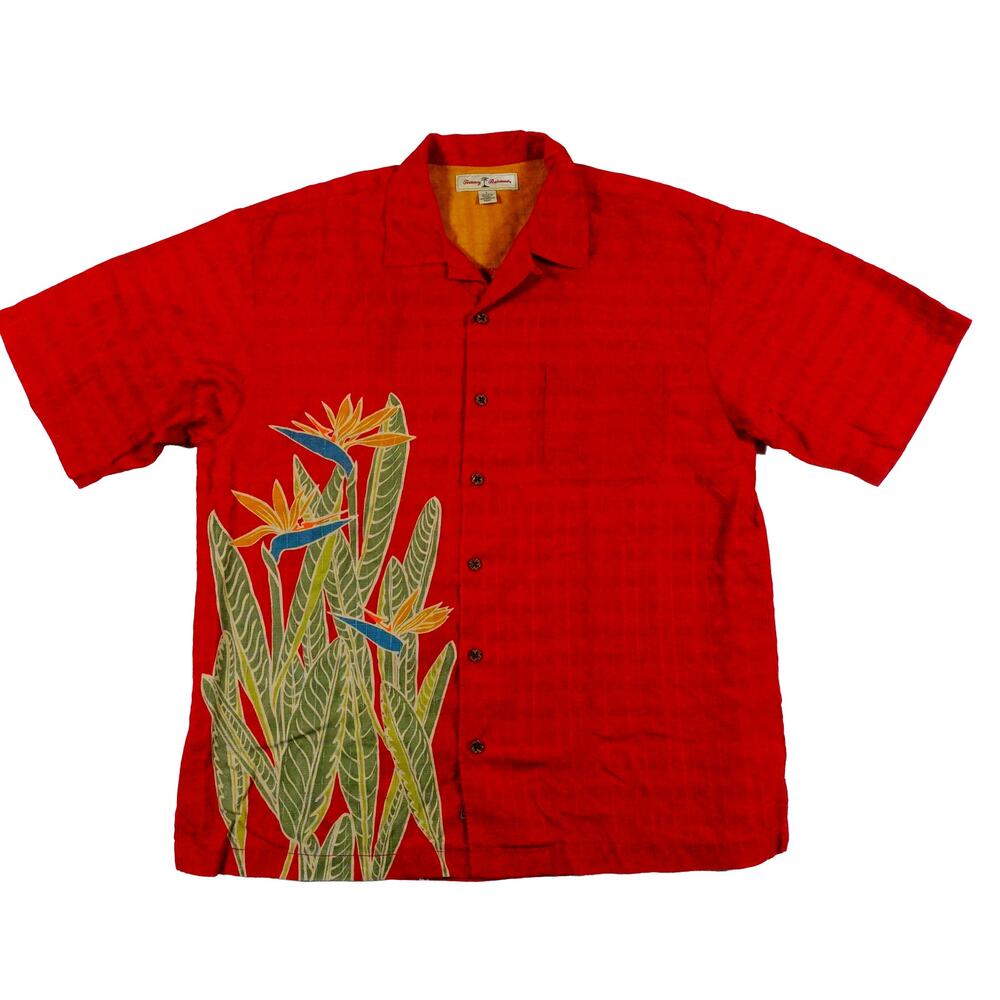 Tommy Bahama Silk Floral Leaf Hawaiian Red Christmas Button Up Camp Shirt Large